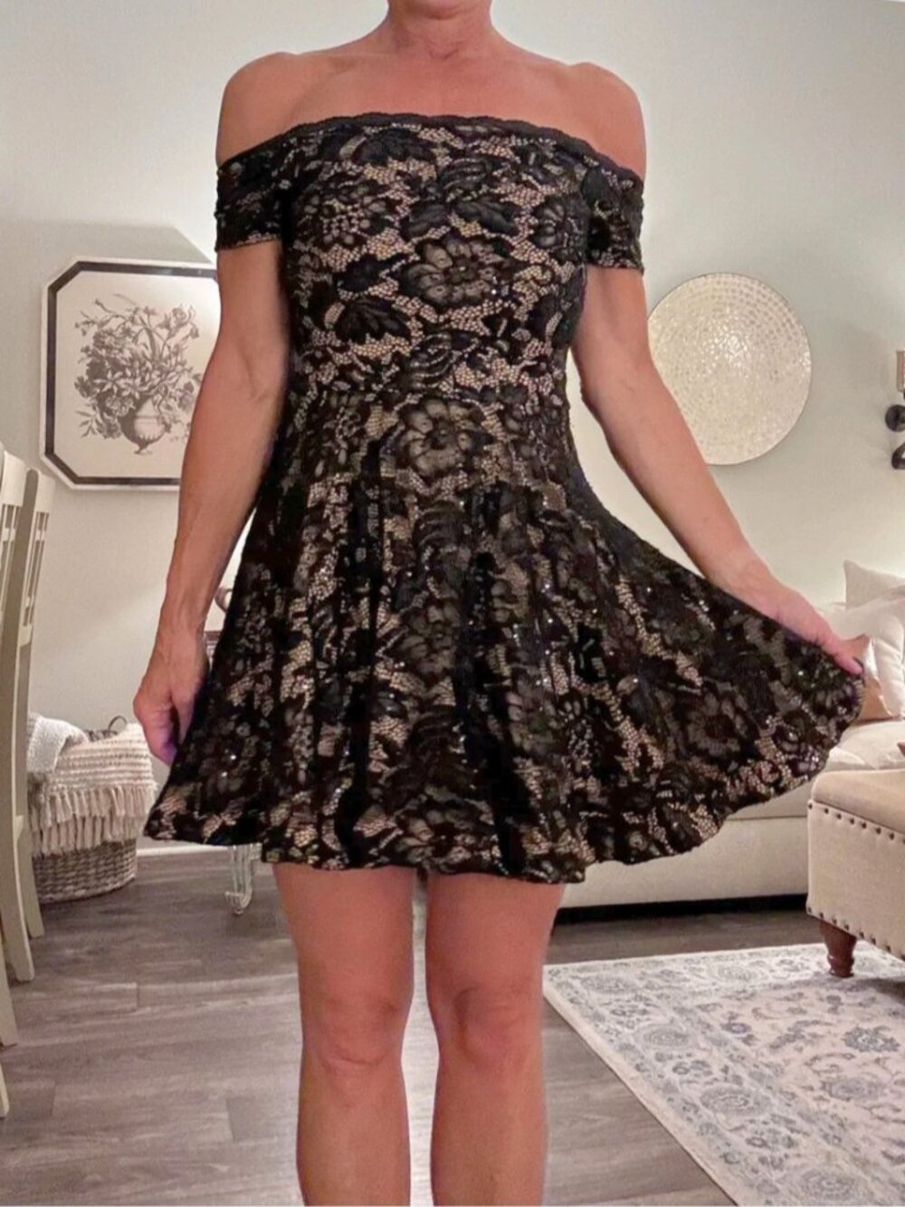 B Darlin Black Lace Off-Shoulder Mini Dress w a little sparkle
